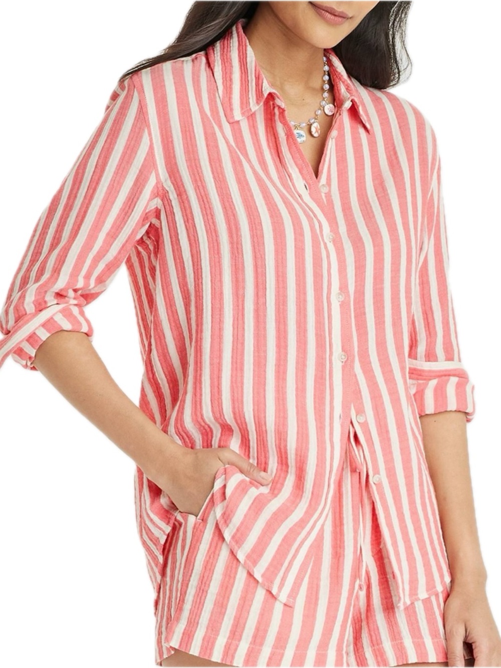 Universal Thread Linen Long Sleeve Collared Button Up Shirt Coral Striped Sz M